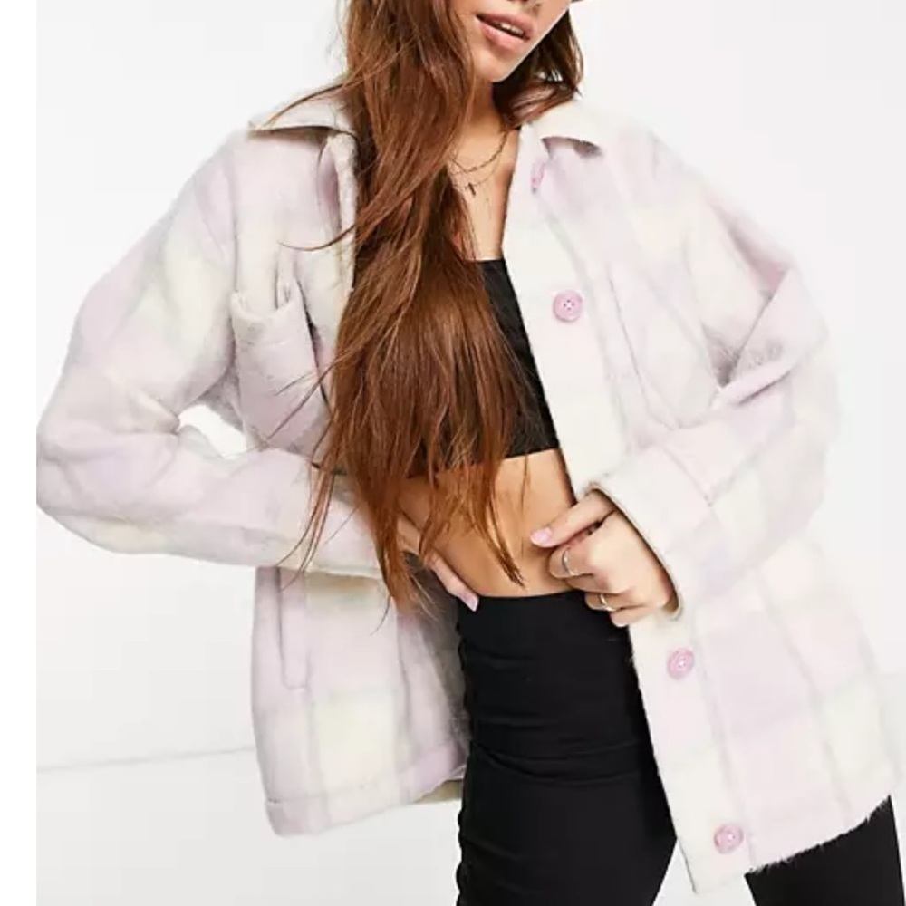 ✨NWT Hollister ASOS Lavender Cream Plaid Shacket Coat Shaggy Relaxed Streetwear - Picture 1 of 14